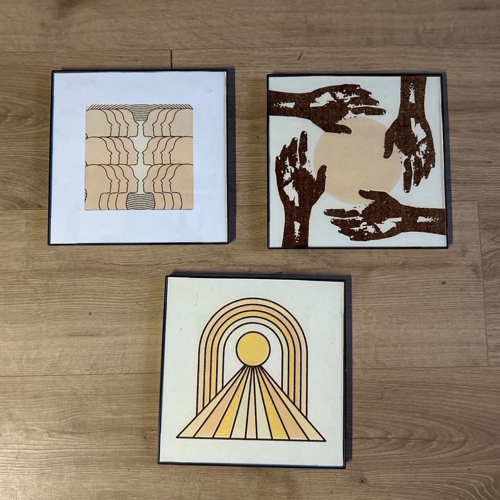 Set of 3 Mid Century Modern Style Framed Art Prints 8x8 Boho Geometric Decor
